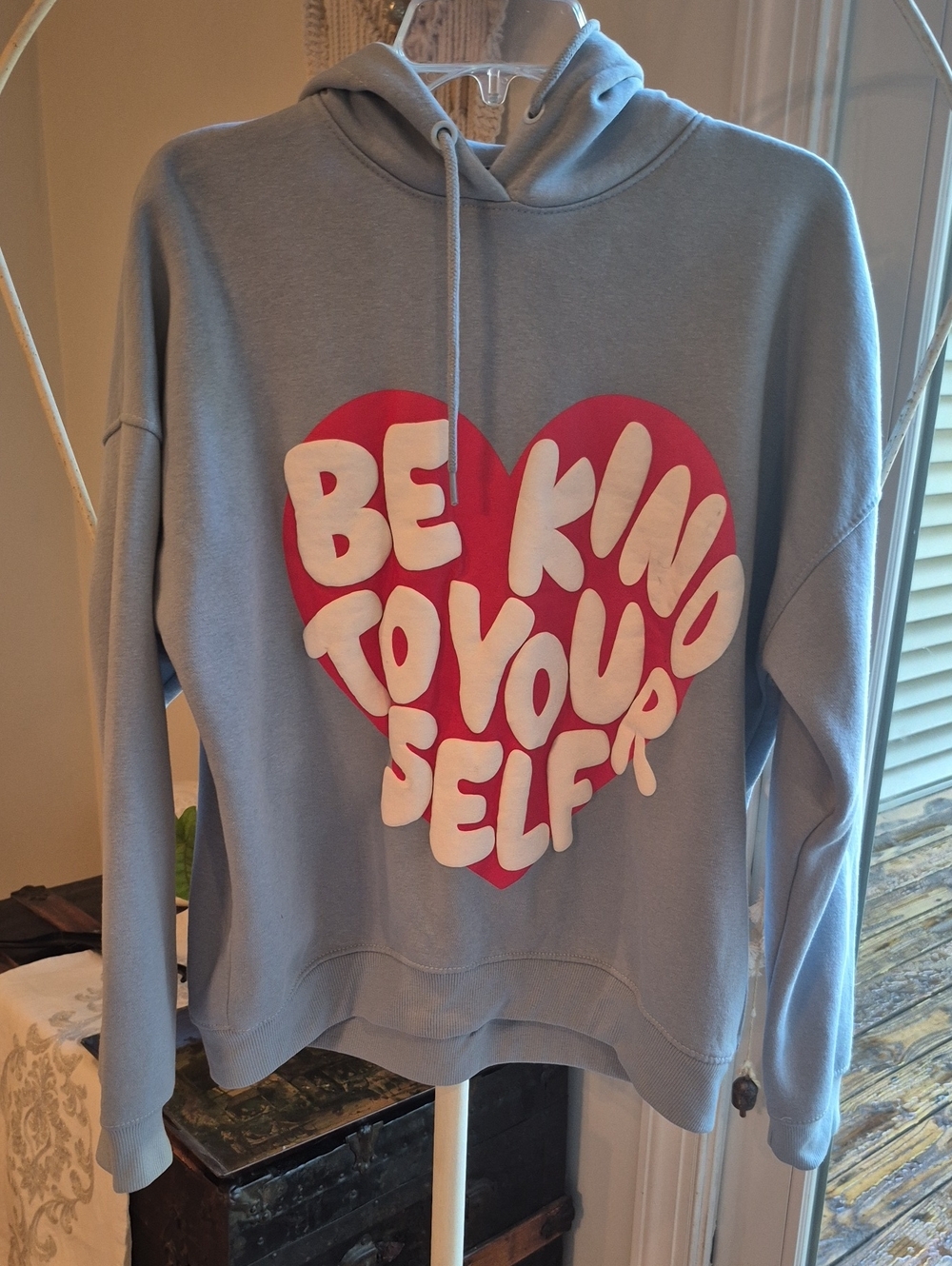 PrettyLittleThing Light Blue Hoodie with RED Heart Graphic